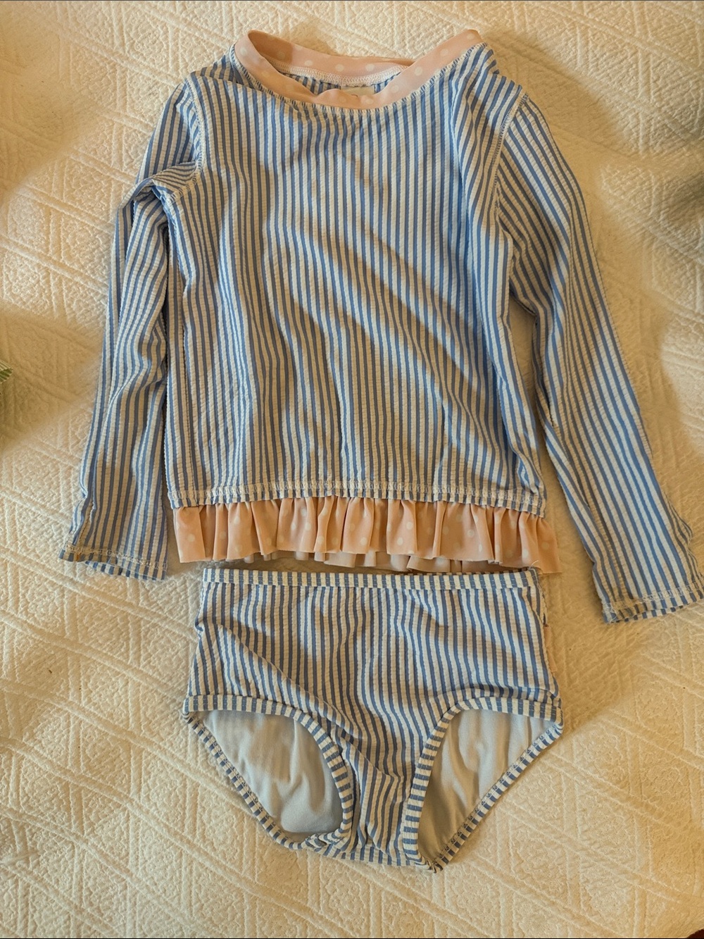 Ruffle Butts Blue and Peach Striped Girls Long Sleeve Rashguard Set